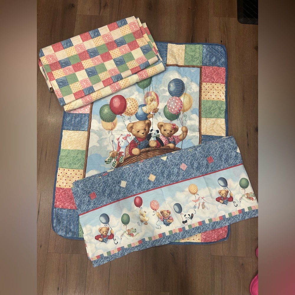 Vtg Blue Jean Teddy Bear Baby Quilt Nursery Blanket Silk Border Hot Air Balloon